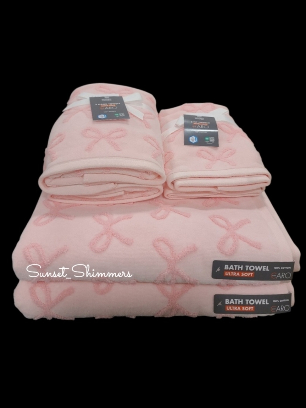 Caro Home 6pc Pink On Pink Coquette Bows Cotton Towel Set 2 Bath 2 Hand 2Tip NEW